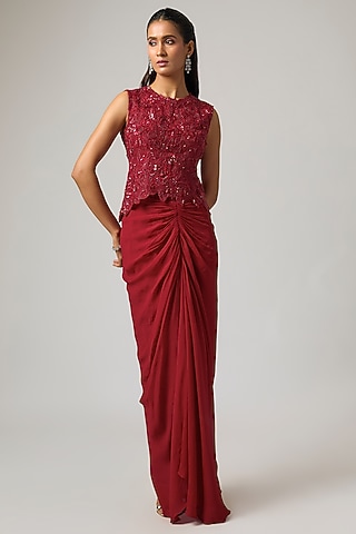 Red Pure Satin Draped Skirt Set by ISTYA
