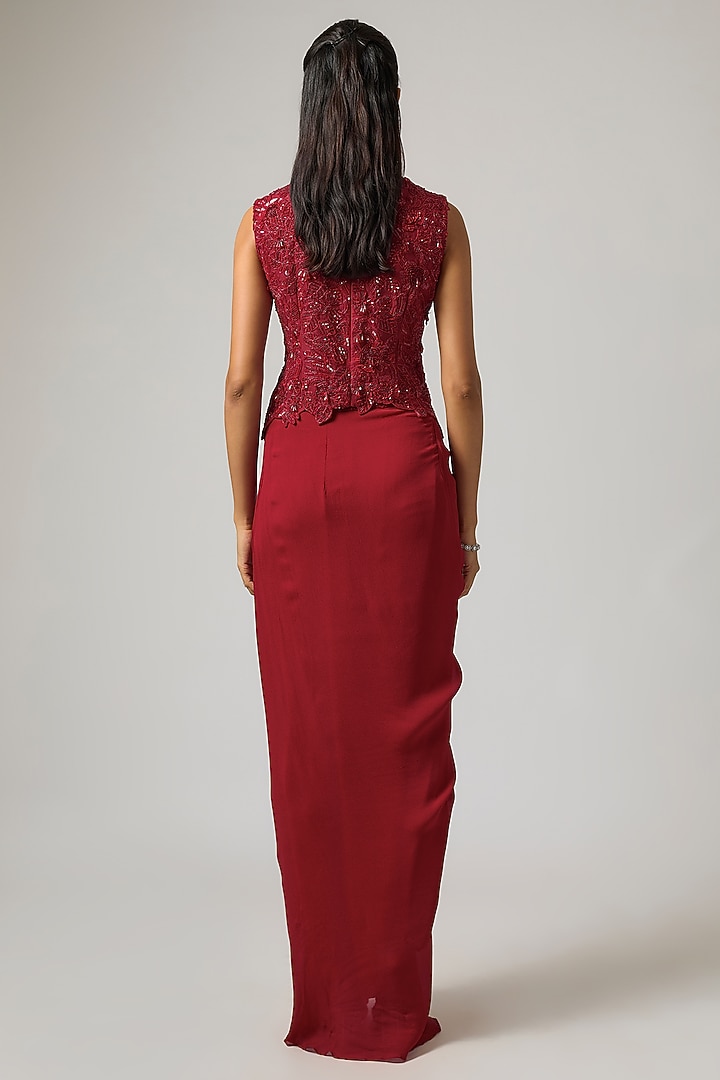 Red Pure Satin Draped Skirt Set by ISTYA at Pernia's Pop Up Shop