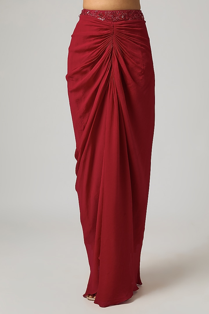 Red Pure Satin Draped Skirt Set by ISTYA at Pernia's Pop Up Shop