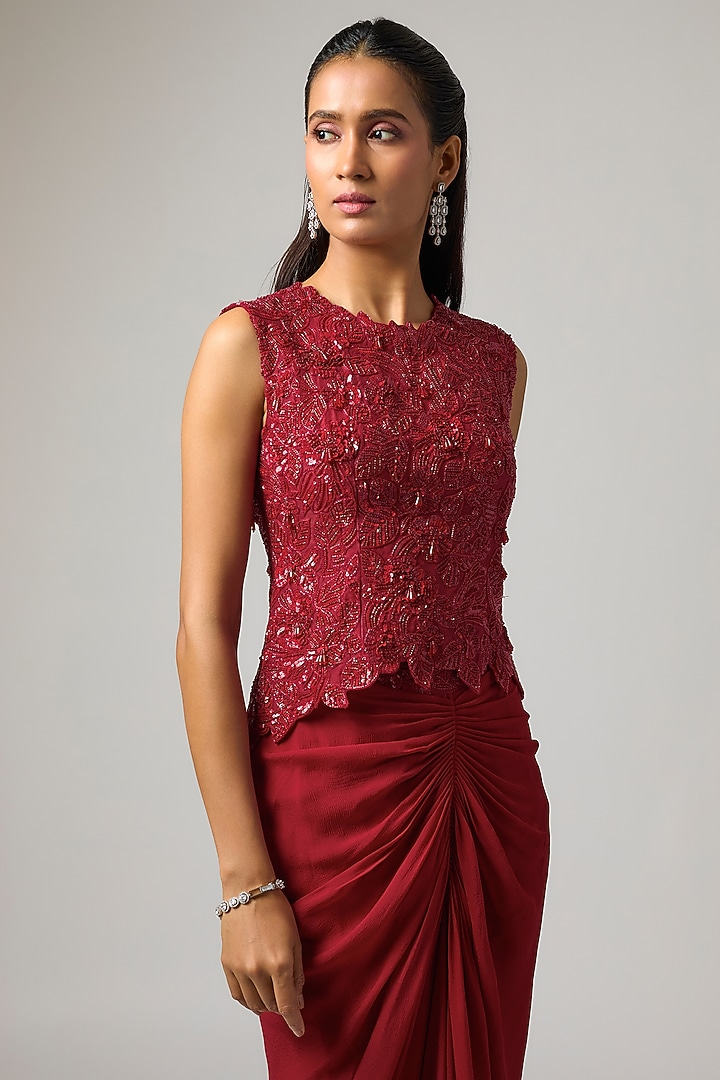 Red Pure Satin Draped Skirt Set by ISTYA at Pernia's Pop Up Shop