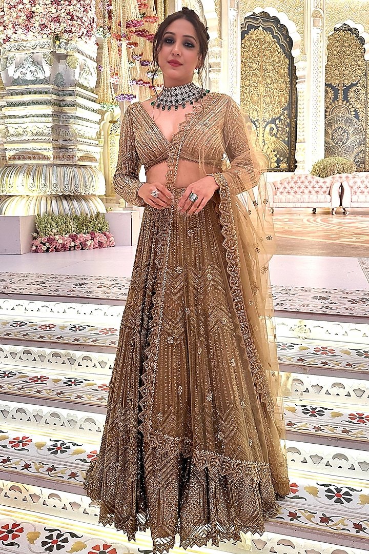 Dark Gold Net Hand Embroidered Bridal Lehenga Set by Isa by Dolly Wahal at Pernia's Pop Up Shop