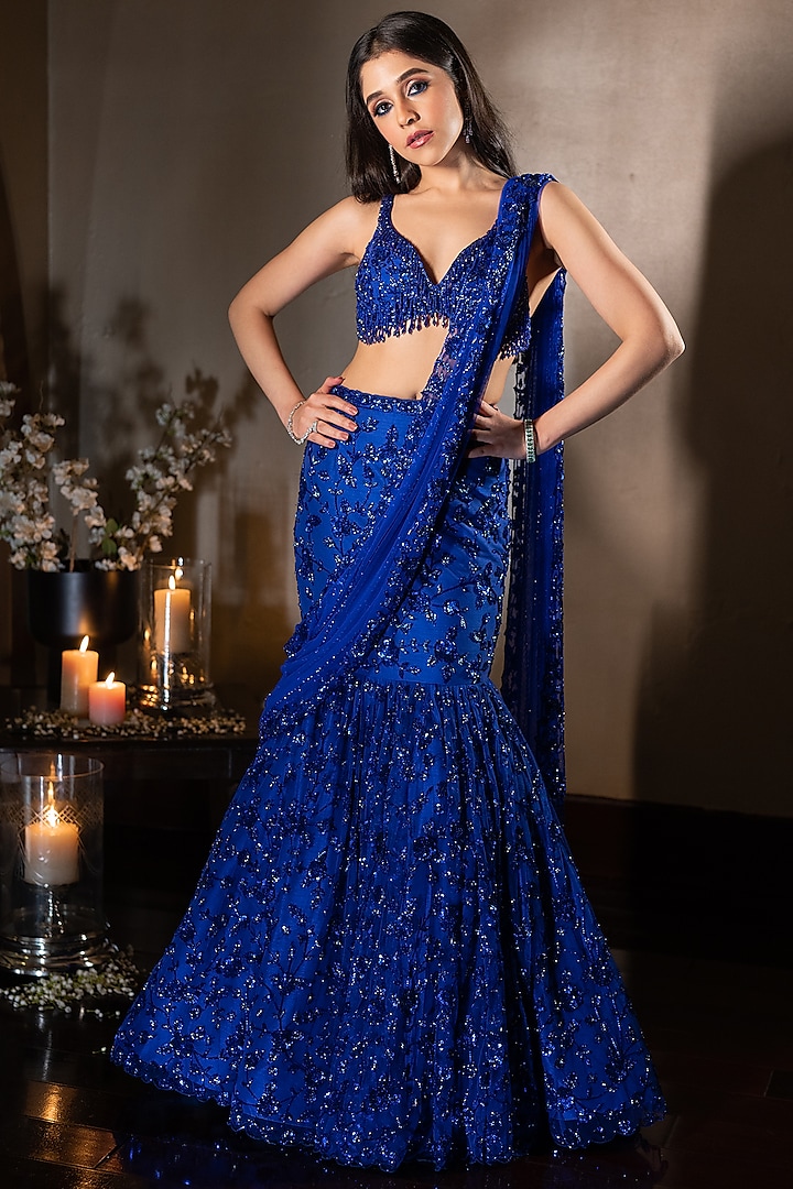 Electric Blue Net Embroidered Fish-Cut Lehenga Set by Isa by Dolly Wahal