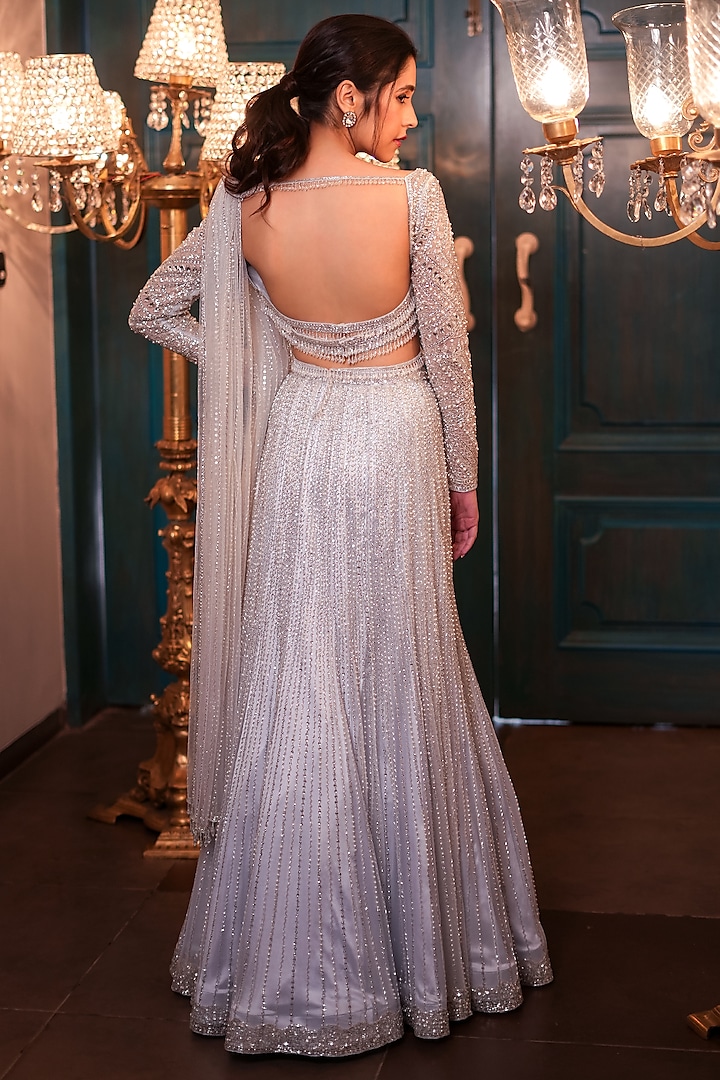 Ice Blue Net Sequins & Crystal Embroidered Pre-Draped Bridal Lehenga Saree Set by Isa by Dolly Wahal at Pernia's Pop Up Shop