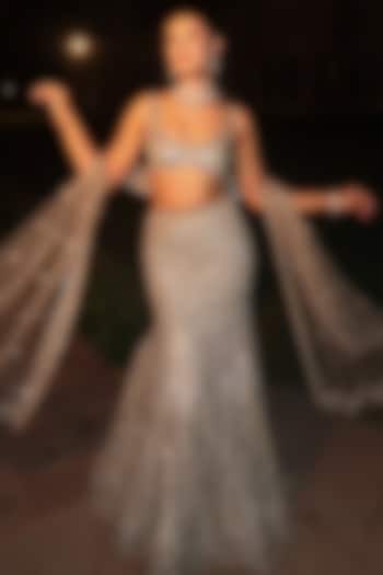 Serena Silver Net Floral Motif Embroidered Bridal Lehenga Set by Isa by Dolly Wahal at Pernia's Pop Up Shop