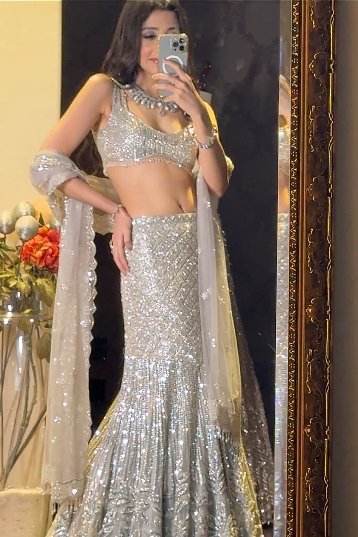 Serena Silver Net Floral Motif Embroidered Bridal Lehenga Set by Isa by Dolly Wahal at Pernia's Pop Up Shop