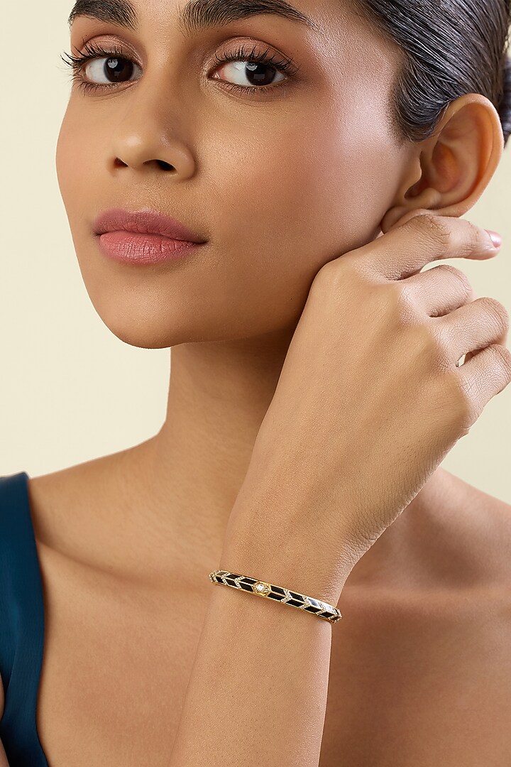 Gold Plated Crystal Zirconia Black Enameled Handcrafted Cuff Bracelet by Isharya at Pernia's Pop Up Shop