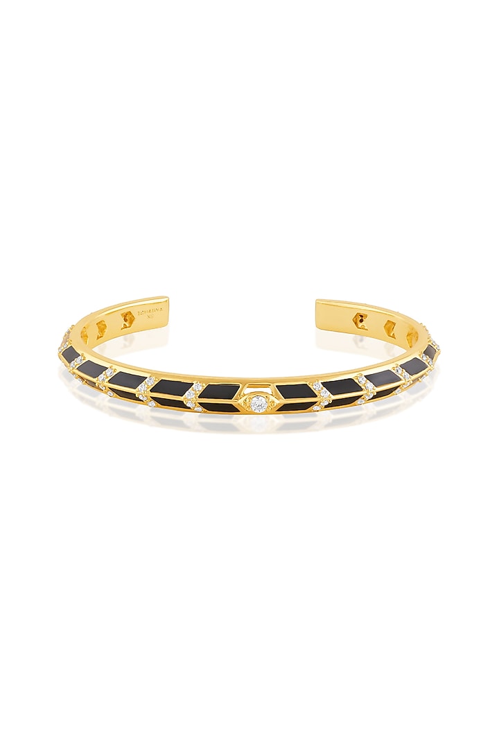 Gold Plated Crystal Zirconia Black Enameled Handcrafted Cuff Bracelet by Isharya at Pernia's Pop Up Shop