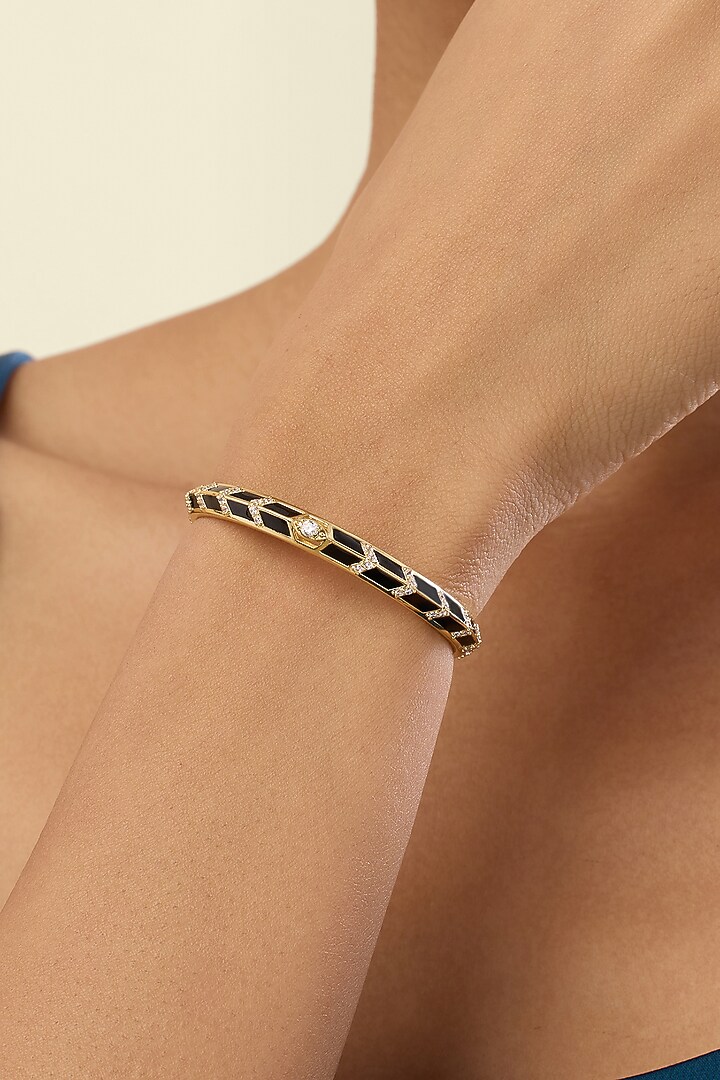 Gold Plated Crystal Zirconia Black Enameled Handcrafted Cuff Bracelet by Isharya at Pernia's Pop Up Shop