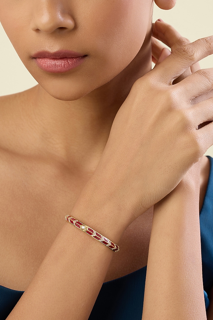 Gold Plated Crystal Zirconia Red Enameled Handcrafted Cuff Bracelet by Isharya at Pernia's Pop Up Shop