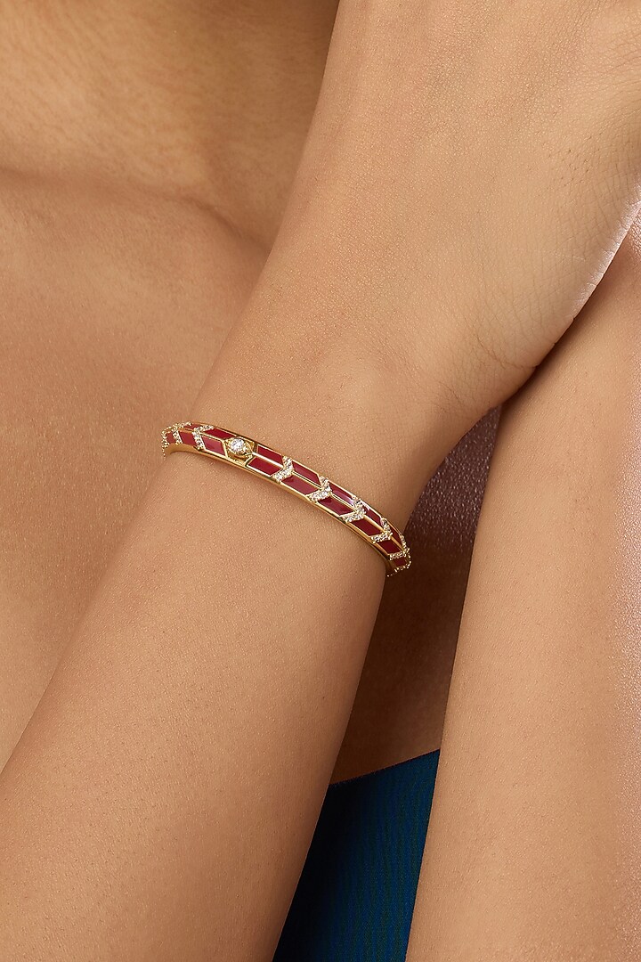 Gold Plated Crystal Zirconia Red Enameled Handcrafted Cuff Bracelet by Isharya at Pernia's Pop Up Shop
