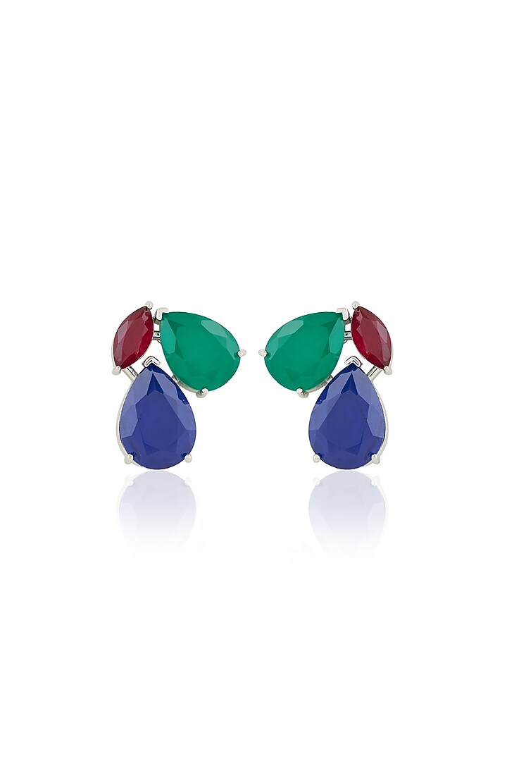 White Rhodium Finish Multi-Colored Gemstone Stud Earrings by Isharya at Pernia's Pop Up Shop