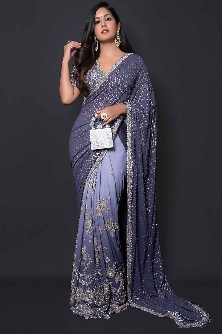 Cobalt Blue Ombre Embroidered Kalidar Saree Set by Dolly J