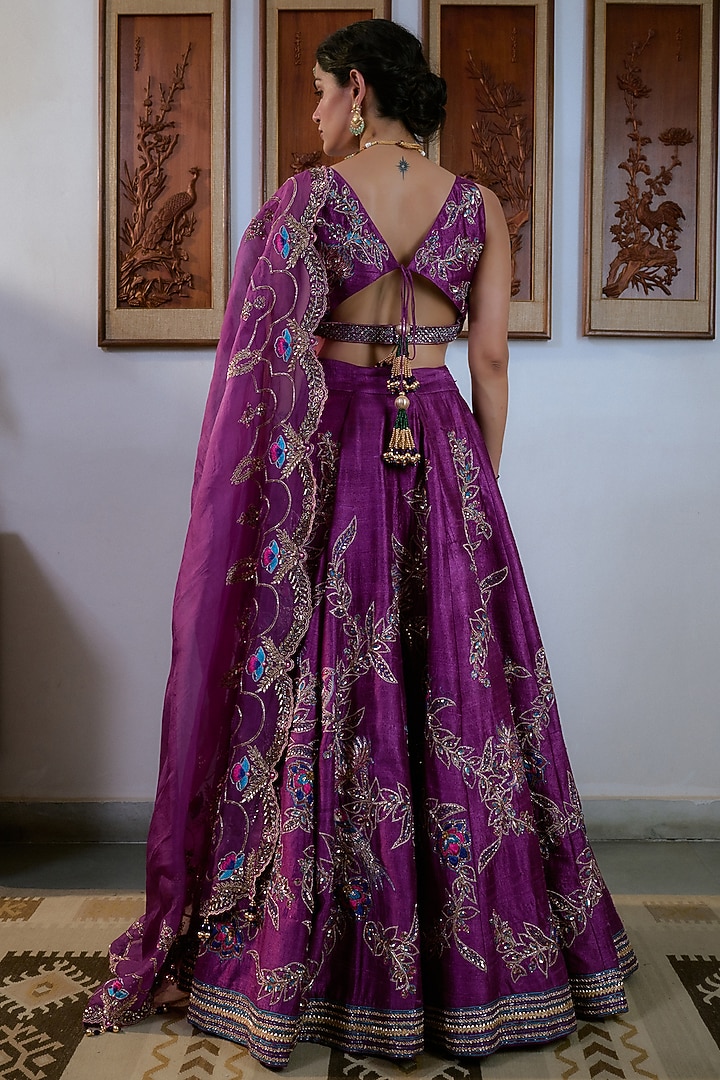 Purple Pure Raw Silk Hand Embroidered Bridal Lehenga Set by Irrau by Samir Mantri at Pernia's Pop Up Shop
