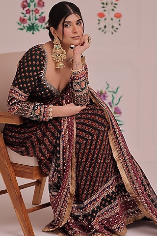 Multi-Colored Georgette Printed & Hand Embroidered Saree Set by Irrau by Samir Mantri