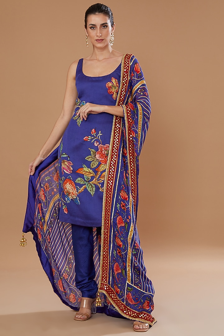 Blue Dupion Printed & Embroidered Tunic Set by Irrau by Samir Mantri at Pernia's Pop Up Shop