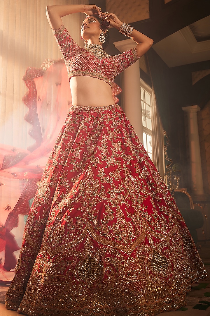 Red Raw Silk Moti & Zari Hand Embroidered Bridal Lehenga Set by Kalighata at Pernia's Pop Up Shop