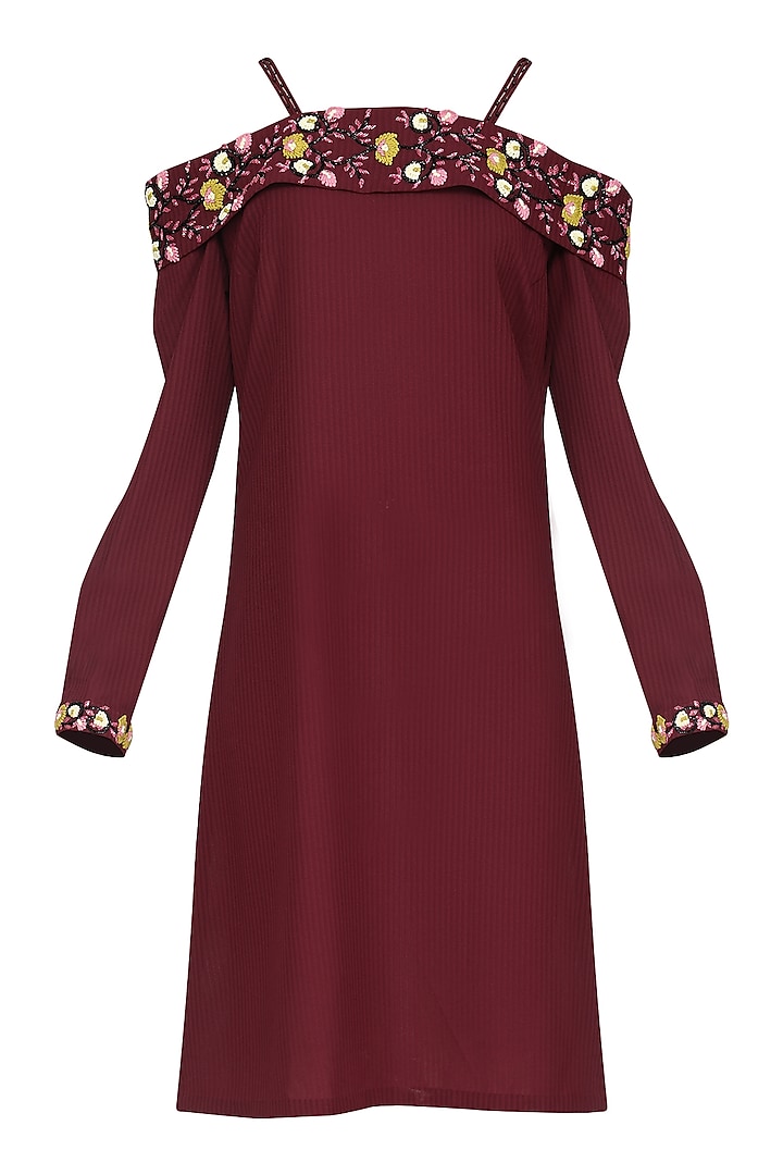 Wine Off Shoulder Embroidered Dress by Isha Singhal