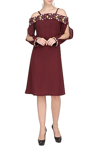 Wine Off Shoulder Embroidered Dress by Isha Singhal
