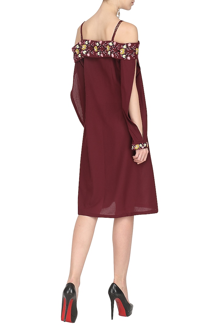 Wine off shoulder embroidered dress available only at Pernia's Pop Up Shop.