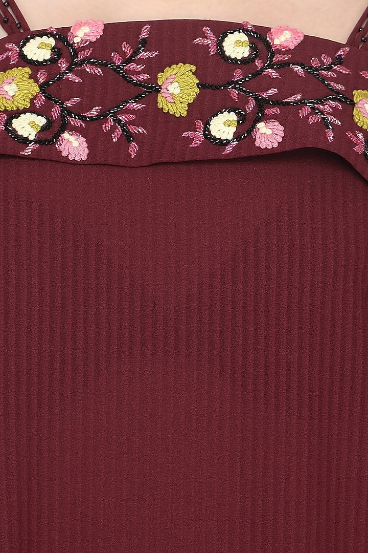 Wine off shoulder embroidered dress available only at Pernia's Pop Up Shop.