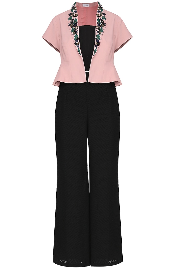 Pink Umbrella Shrug with Black Trousers by Isha Singhal