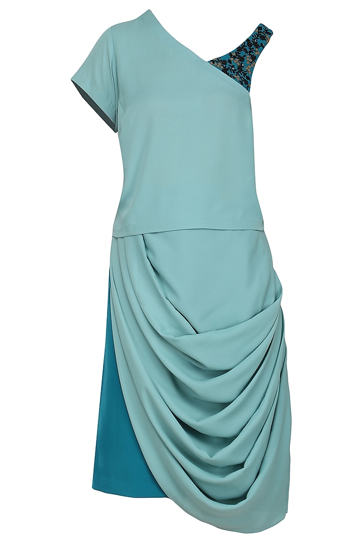 Aqua one shoulder top with drape skirt available only at Pernia's Pop Up Shop.