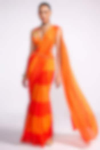 Orange Chiffon Color-Blocked Pre-Draped Saree Set by Isha Gupta Tayal at Pernia's Pop Up Shop