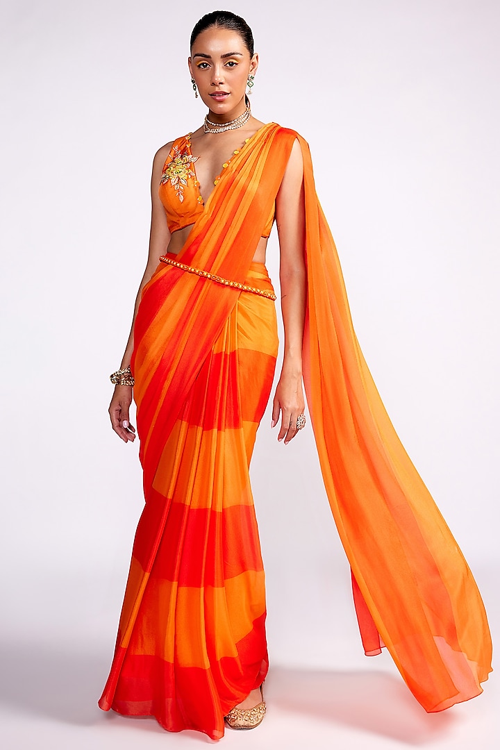 Orange Chiffon Color-Blocked Pre-Draped Saree Set by Isha Gupta Tayal at Pernia's Pop Up Shop