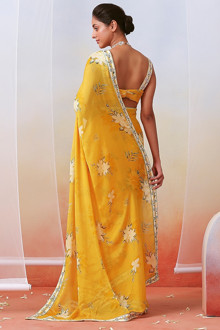 Yellow Chiffon Floral Printed Party Wear Saree Set by Isha Gupta Tayal at Pernia's Pop Up Shop