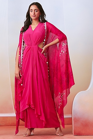 Pink Crepe Embroidered Jacket Dress by Isha Gupta Tayal