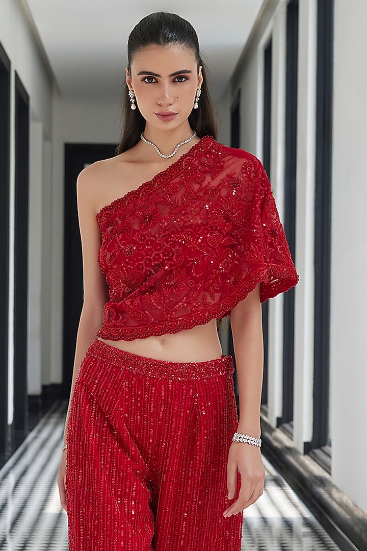 Red Net Embroidered Pant Set by ISTYA at Pernia's Pop Up Shop