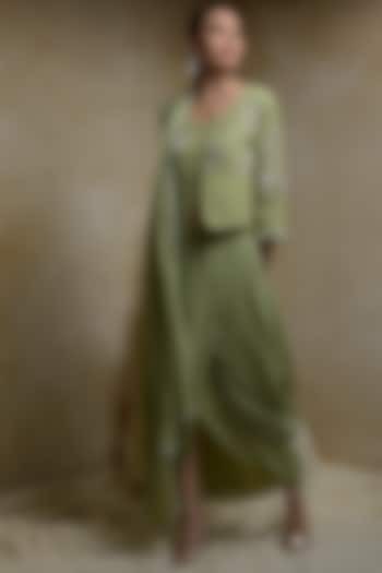 Olive Green Draped Saree Set by Itara An Another