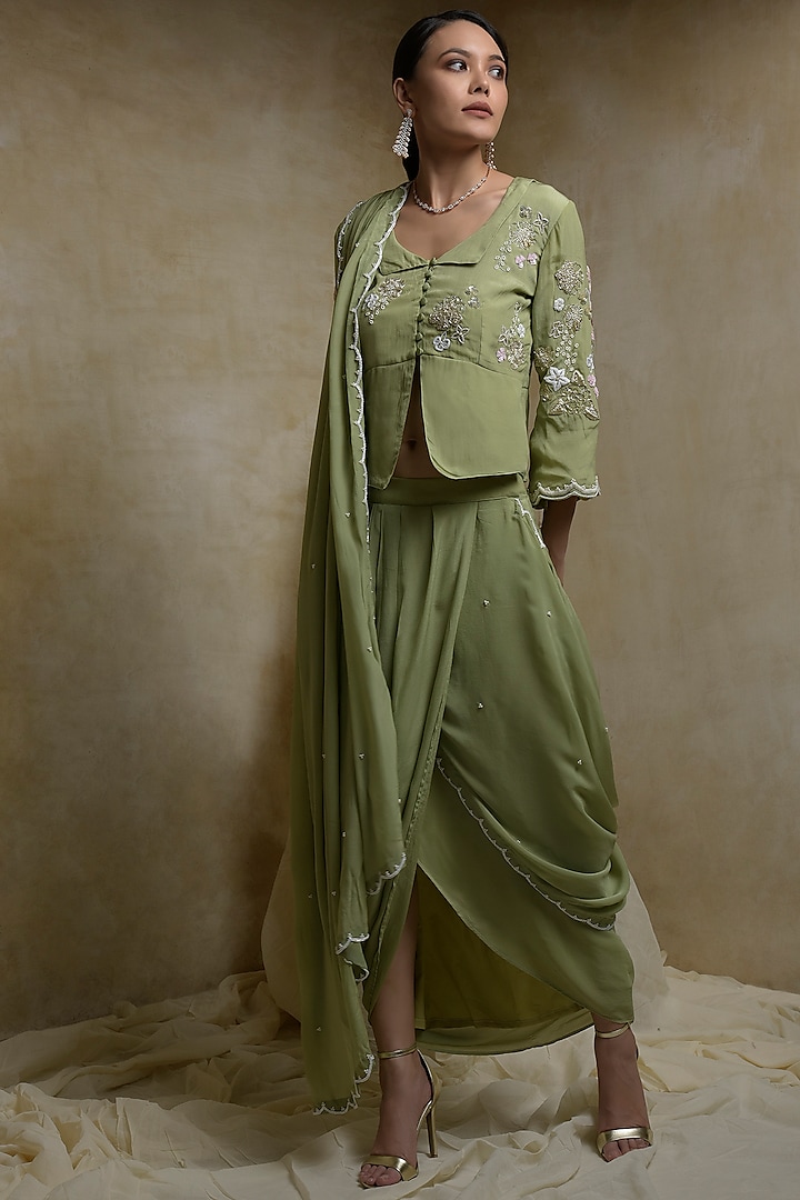 Olive Green Draped Saree Set by Itara An Another