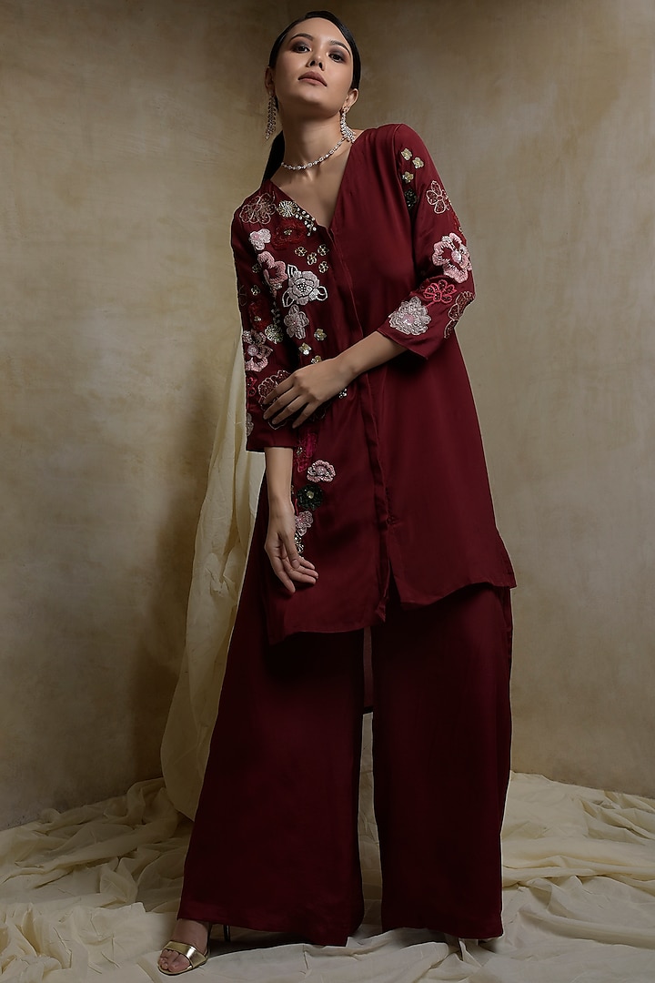 Wine Floral Embroidered Kurta Set by Itara An Another