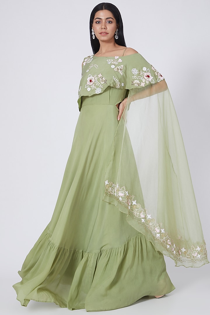 Olive Green Organza Flared Engagement Gown by Itara An Another at Pernia's Pop Up Shop