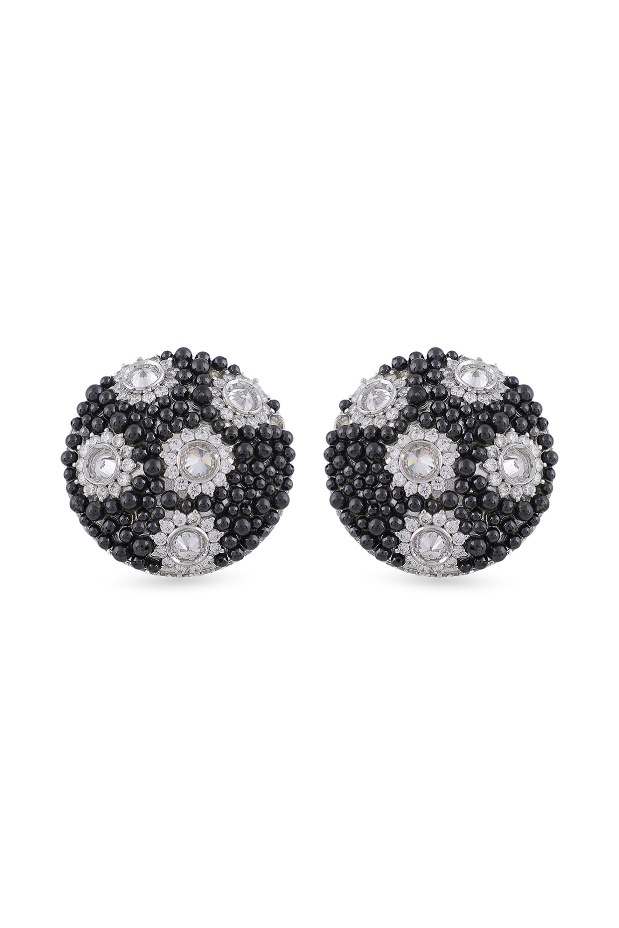 White Finish Black Beaded & Swarovski Stud Earrings In Sterling Silver by ITEE Jewellery