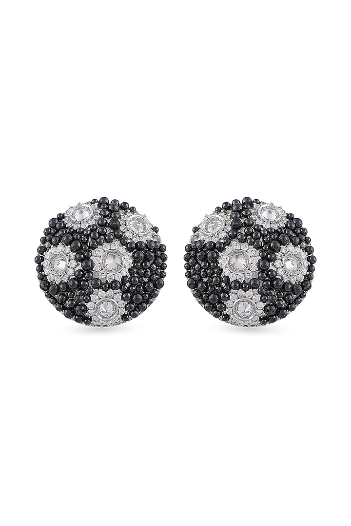 White Finish Black Beaded & Swarovski Stud Earrings In Sterling Silver by ITEE Jewellery