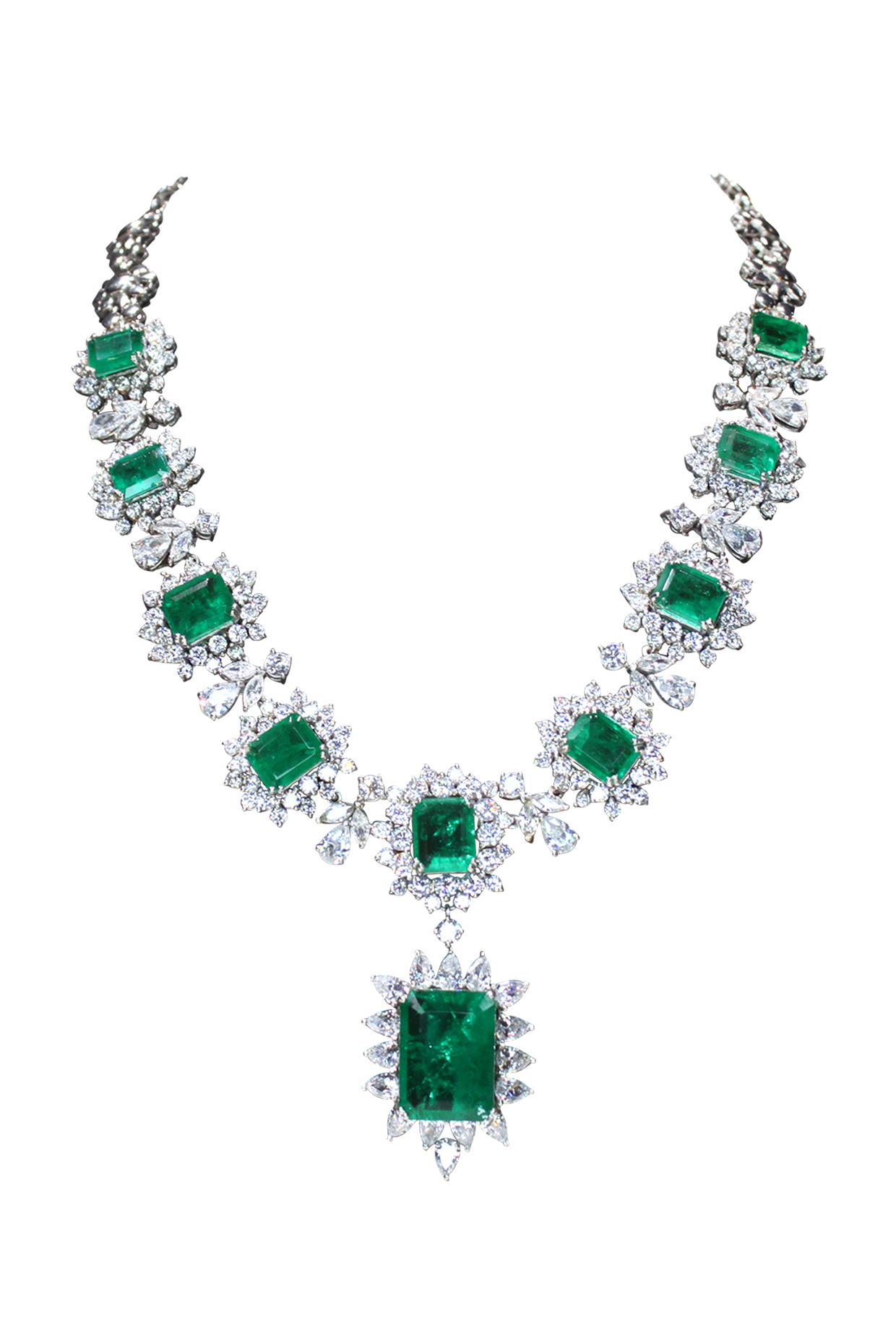 White Finish Synthetic Emerald Stone & Swarovski Long Necklace In Sterling Silver by ITEE Jewellery
