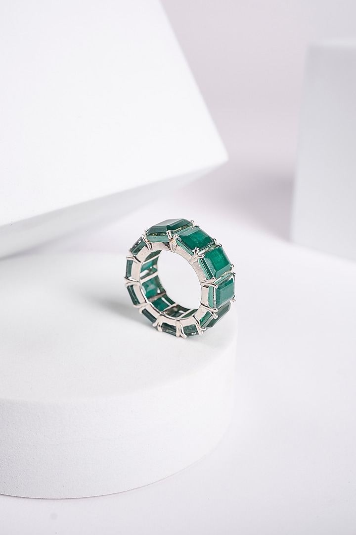 White Finish Synthetic Emerald Stone Cocktail Ring In Sterling Silver by ITEE Jewellery at Pernia's Pop Up Shop