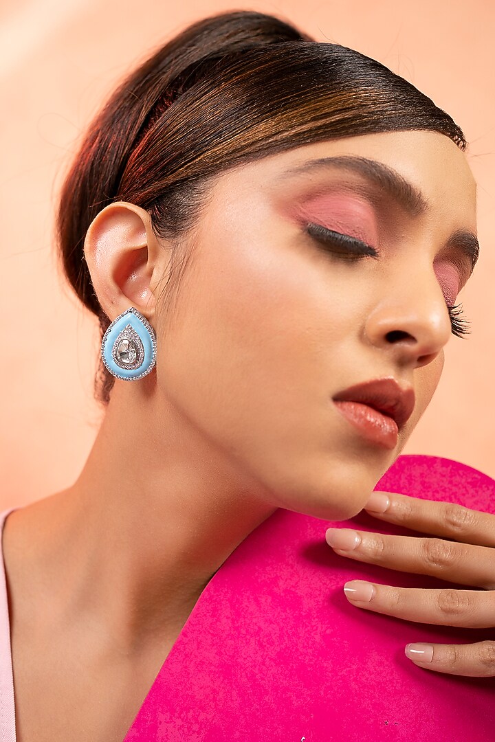 White Finish Kundan Polki Enamelled Stud Earrings In Sterling Silver by ITEE Jewellery at Pernia's Pop Up Shop