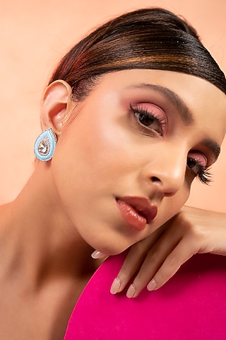 White Finish Kundan Polki Enamelled Stud Earrings In Sterling Silver by ITEE Jewellery