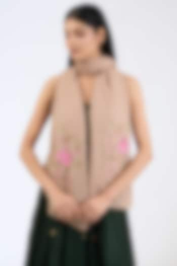 Beige & Nude Cashmere Wool Resham Hand Embroidered Shawl by ITNI at Pernia's Pop Up Shop