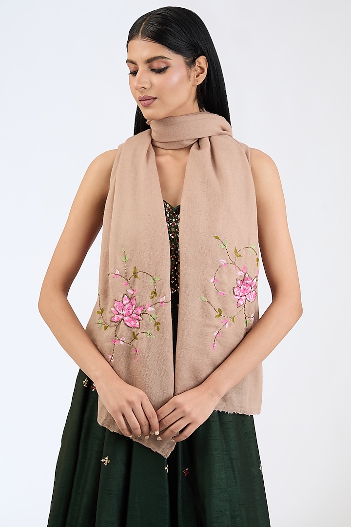 Beige & Nude Cashmere Wool Resham Hand Embroidered Shawl by ITNI at Pernia's Pop Up Shop