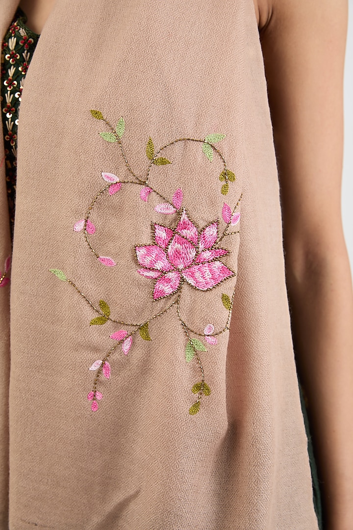 Beige & Nude Cashmere Wool Resham Hand Embroidered Shawl by ITNI at Pernia's Pop Up Shop