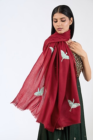 Maroon Cashmere Wool Sequins & Aari Hand Embroidered Shawl by ITNI