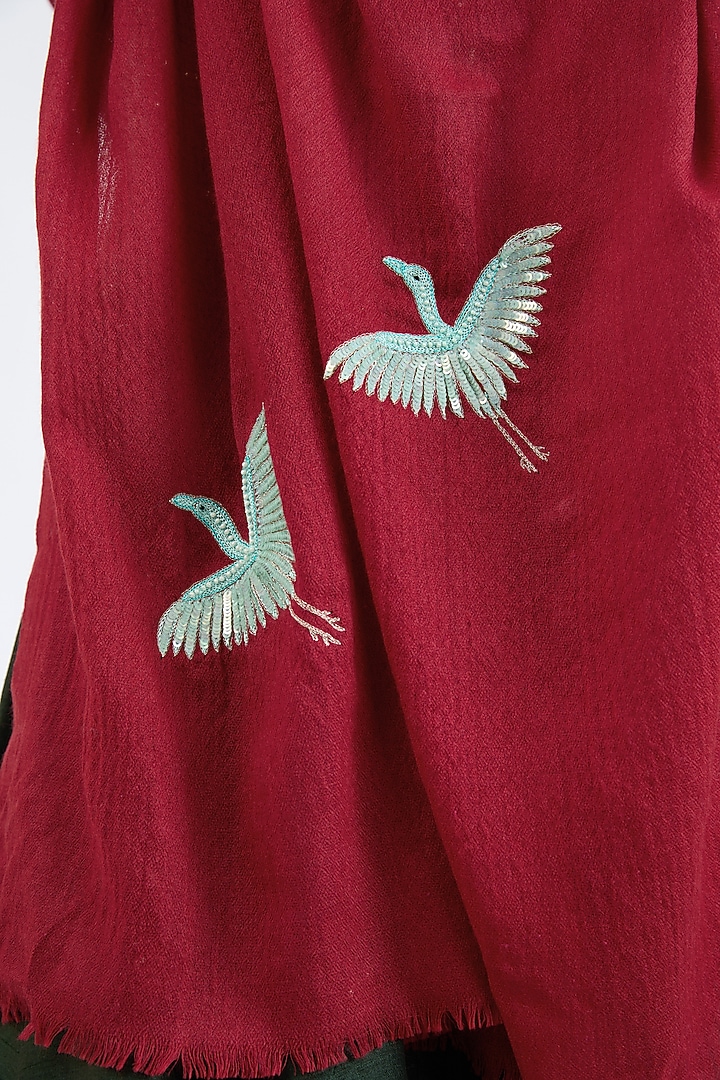 Maroon Cashmere Wool Sequins & Aari Hand Embroidered Shawl by ITNI at Pernia's Pop Up Shop