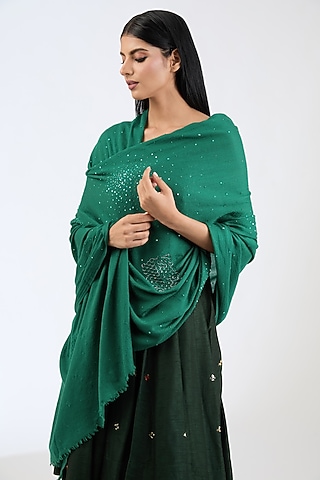 Green Cashmere Wool Sequins & Bead Embroidered Shawl by ITNI