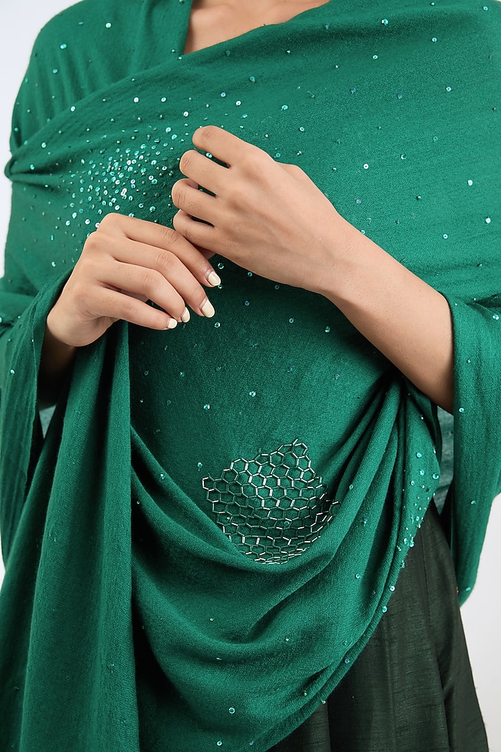 Green Cashmere Wool Sequins & Bead Embroidered Shawl by ITNI at Pernia's Pop Up Shop