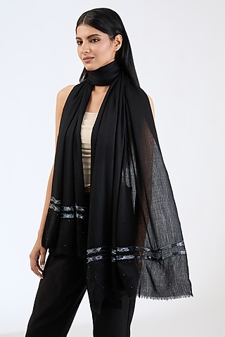 Black Cashmere Wool Beads Hand Embroidered Shawl by ITNI