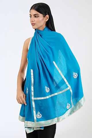 Ocean Blue Cashmere Wool Zardosi Work Shawl by ITNI